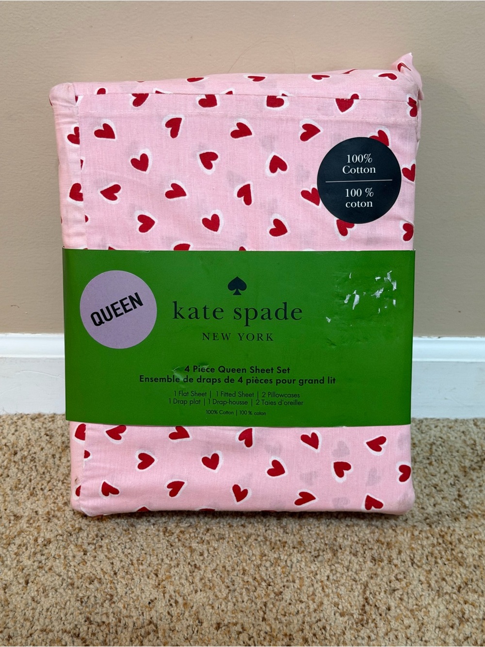 kate spade Queen Pink Sheet Set with Red Heart Print